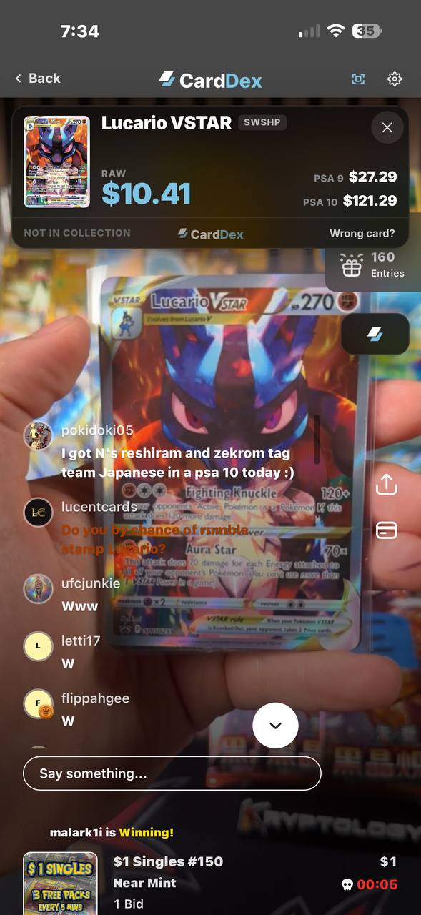Buying Buddy identifying a Lucario VSTAR (SWSH Black Star Promo) on a live Whatnot stream — Raw $10.41, PSA 9 $27.29, PSA 10 $121.29, not in collection