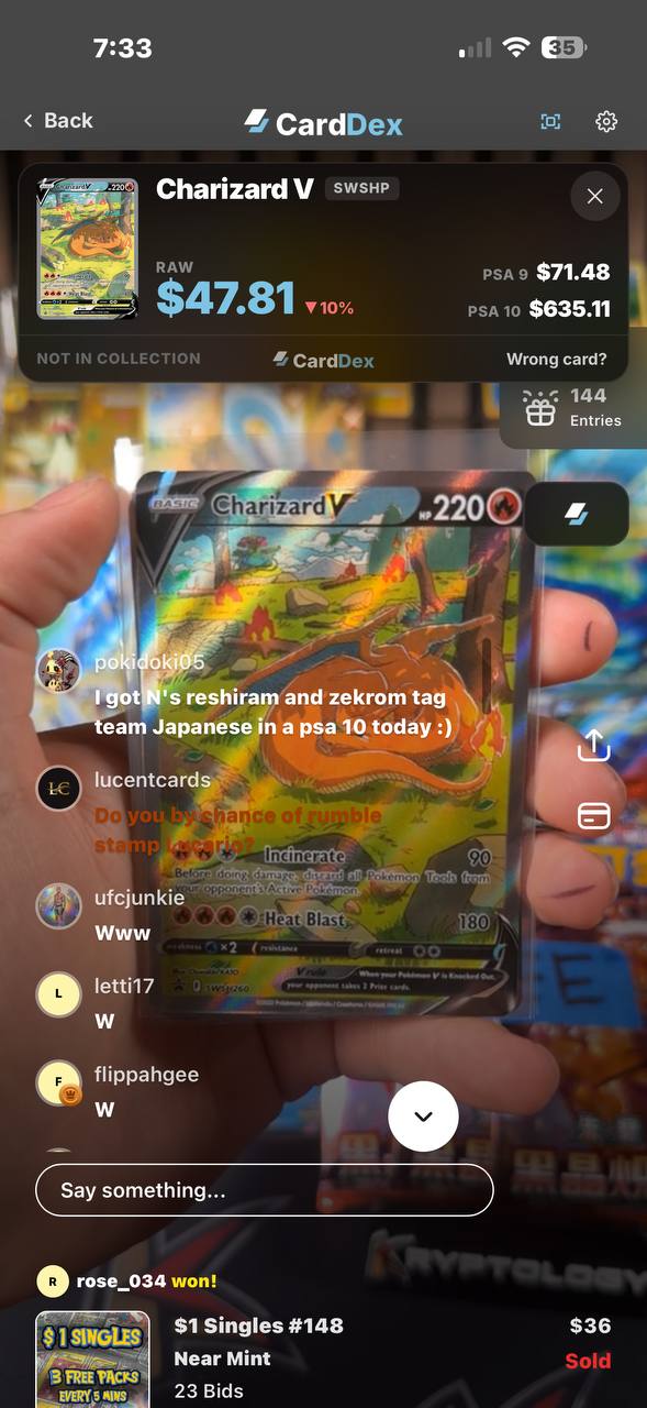 Buying Buddy identifying a Charizard V on a live Whatnot stream — Raw $47.81, PSA 9 $71.48, PSA 10 $635.11