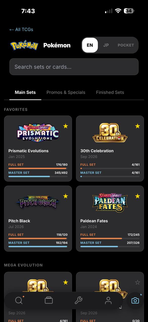 Set tracker — Prismatic Evolutions 176/180, 30th Celebration, Pitch Black, Paldean Fates with progress bars